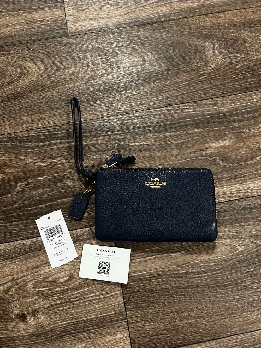Coach Pebbled Leather Double Corner Zip Wristlet in Navy with Gold Hardware